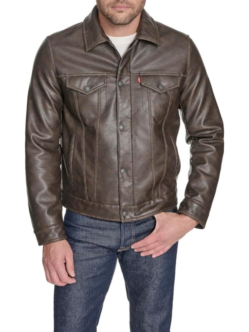 Men's Faux Leather Classic Trucker Jacket - Stylish, Versatile Outerwear, Size